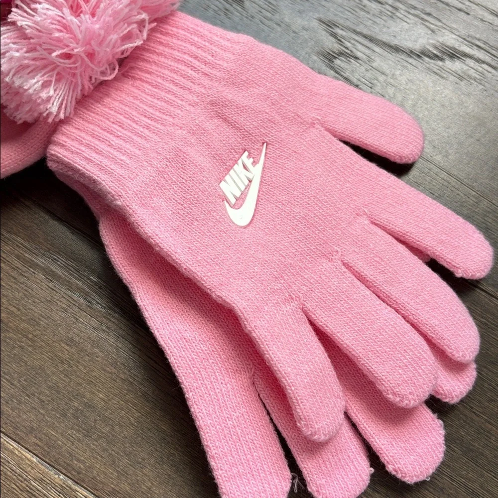Nike 2 pc.Pom Pom Knit Beanie/Glove set,stretch,Nike & SWOOSH logo graphic